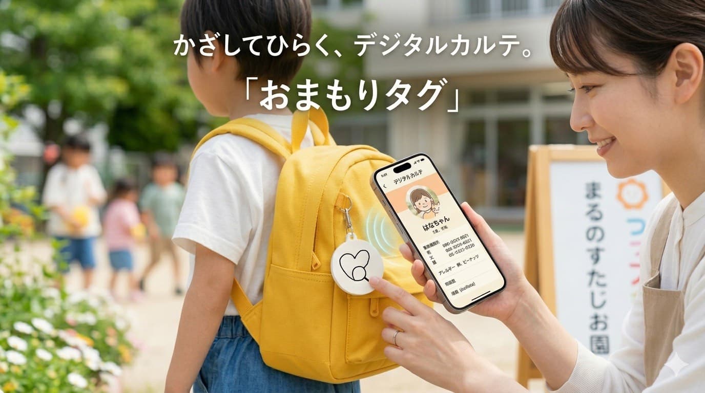 おまもりタグをかざすと、スマホにデジタルカルテが表示される様子